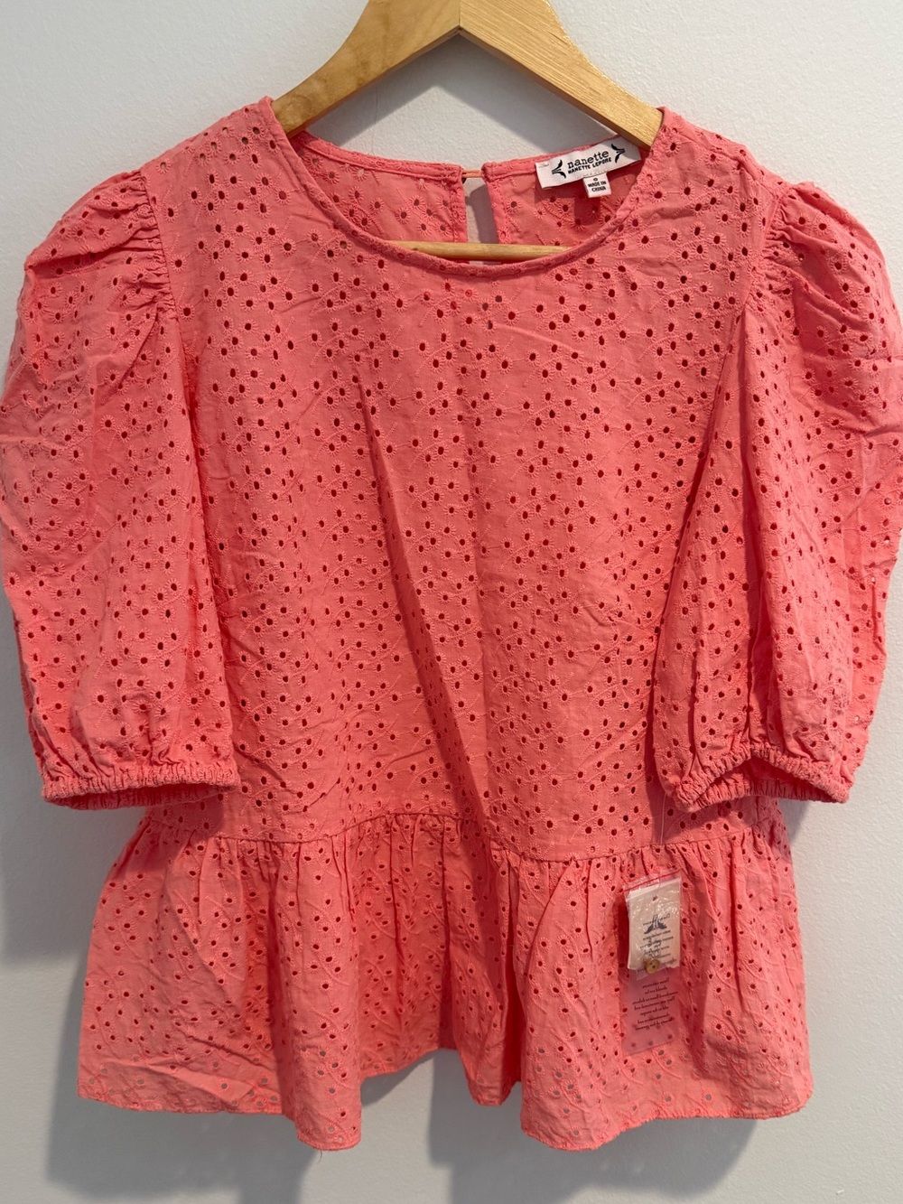 Nanette Lepore Eyelet Peplum Blouse Flamingo Pink Puff Sleeve Top Size S NWT